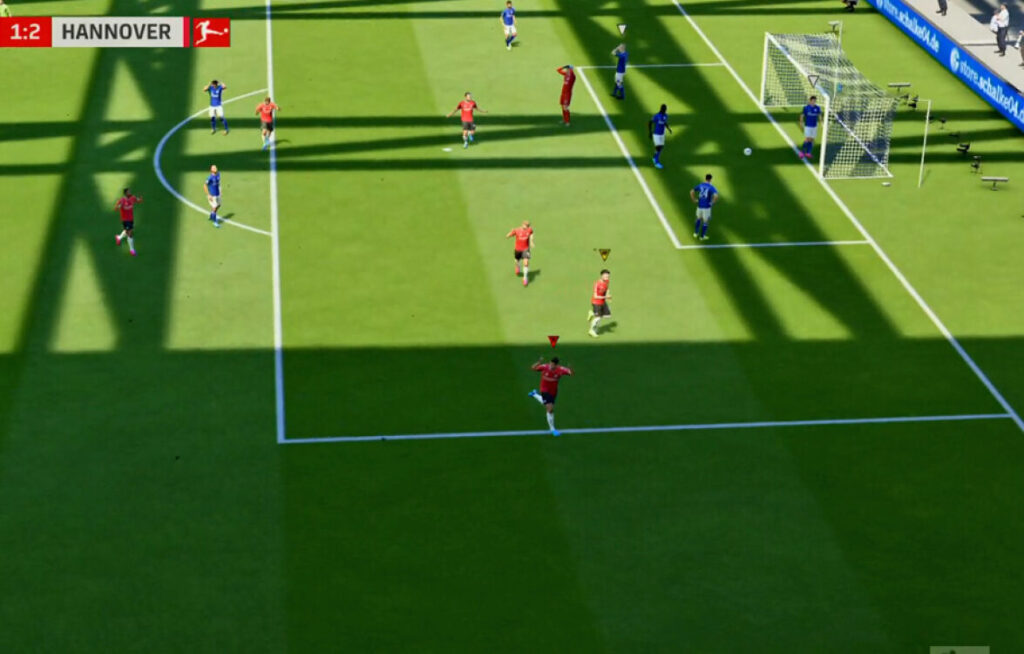 Virtuelle jubelnde Fußballspieler von Hannover 96 im Spiel FIFA bei dessen eSport-Modus.